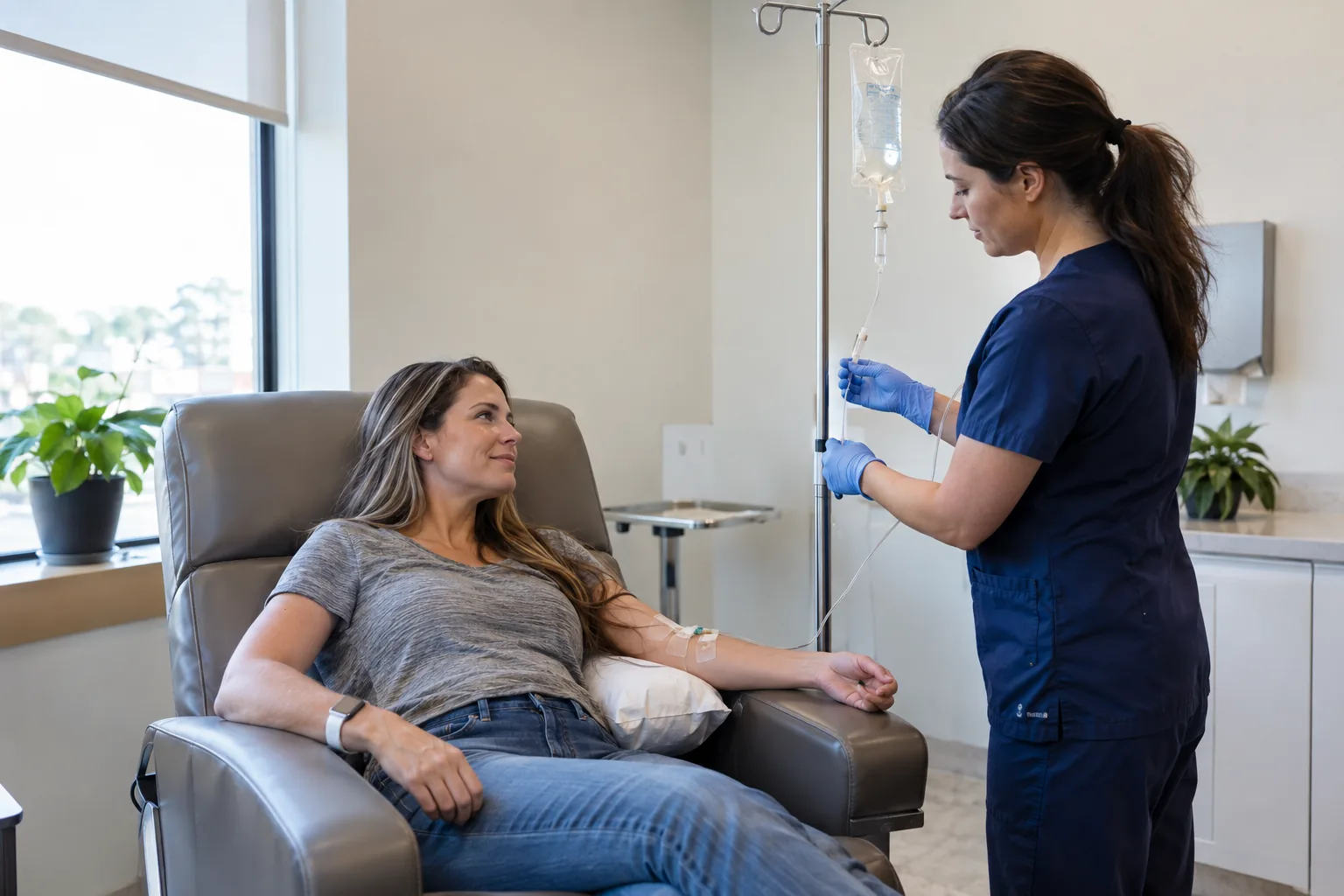 Client relaxing in a chair during IV therapy at Future Face & Body