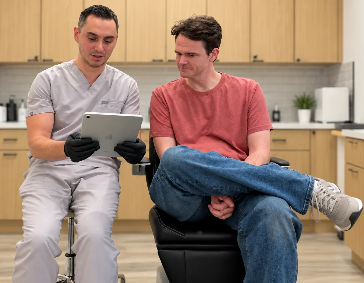 Russ Aminov, NP, going over a treatment plan with a client on a tablet